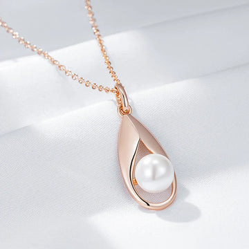 Elegant Classic 14K Rolled Rose Gold Pearl Pendant And Necklace For Women - Fine Party Jewellery